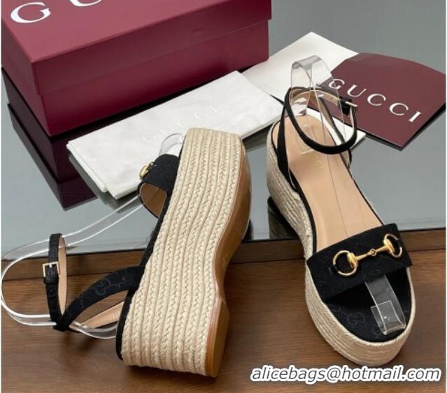 Popular Style Gucci GG Canvas Platform Espadrille Sandals 8cm with Horsebit Black 816692