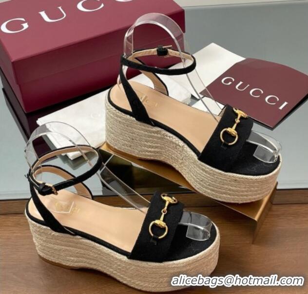 Popular Style Gucci GG Canvas Platform Espadrille Sandals 8cm with Horsebit Black 816692