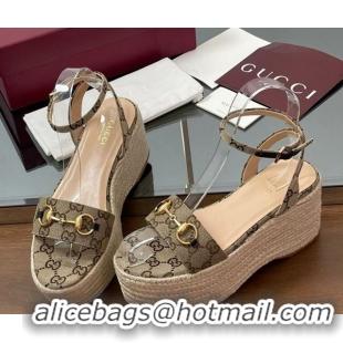 Charming Gucci GG Canvas Platform Espadrille Sandals 8cm with Horsebit Beige 816692
