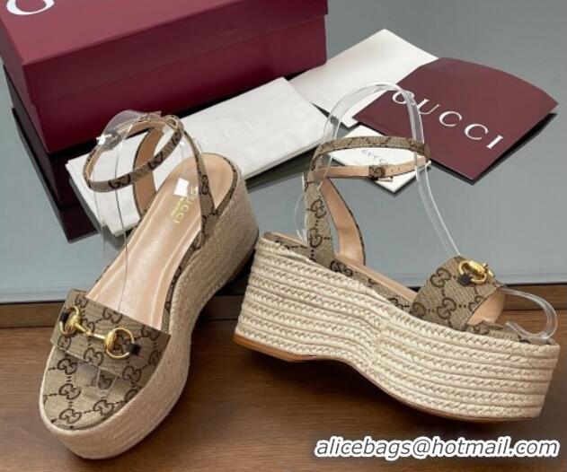 Charming Gucci GG Canvas Platform Espadrille Sandals 8cm with Horsebit Beige 816692
