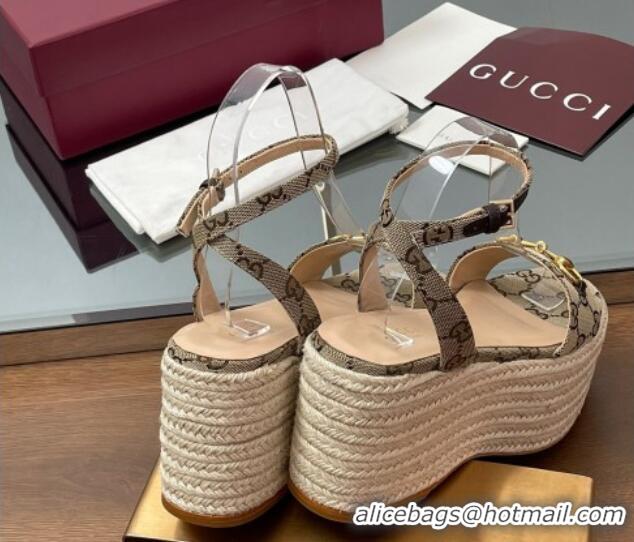 Charming Gucci GG Canvas Platform Espadrille Sandals 8cm with Horsebit Beige 816692