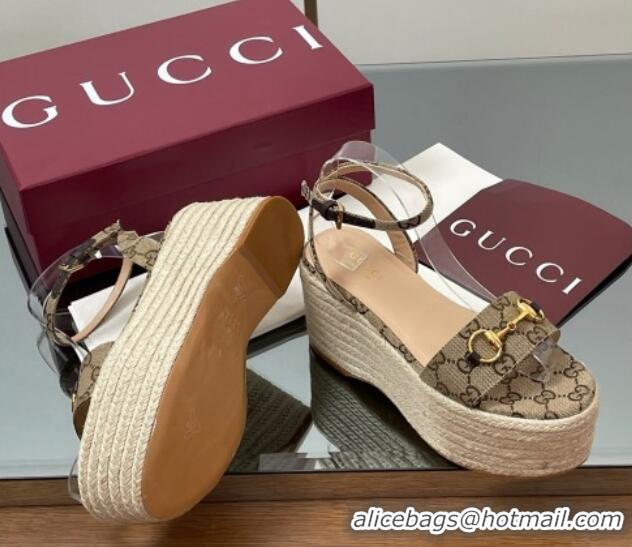 Charming Gucci GG Canvas Platform Espadrille Sandals 8cm with Horsebit Beige 816692