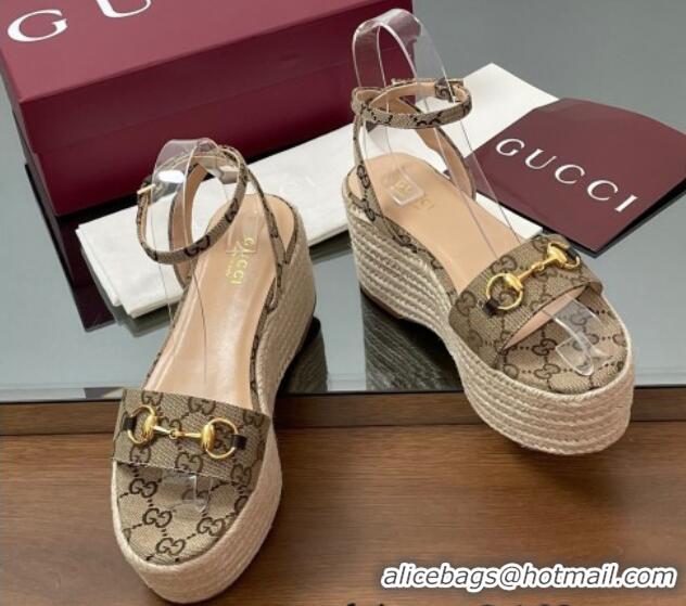 Charming Gucci GG Canvas Platform Espadrille Sandals 8cm with Horsebit Beige 816692