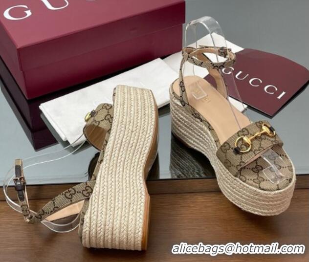Charming Gucci GG Canvas Platform Espadrille Sandals 8cm with Horsebit Beige 816692