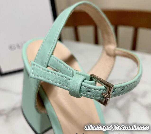 Luxury Discount Gucci Leather Wave Heel Sandals 7cm Mint Green 2025 GG042304