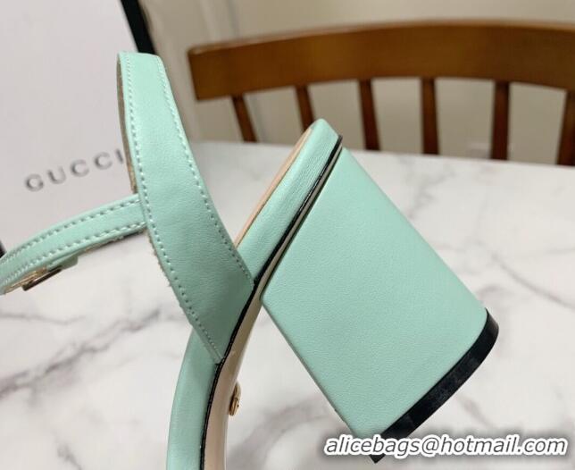 Luxury Discount Gucci Leather Wave Heel Sandals 7cm Mint Green 2025 GG042304