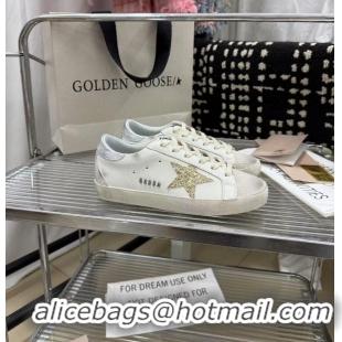 ​Best Grade Golden Goose Super-Star Sneakers in White Leather with Gold Glitter Star and Tab 530015