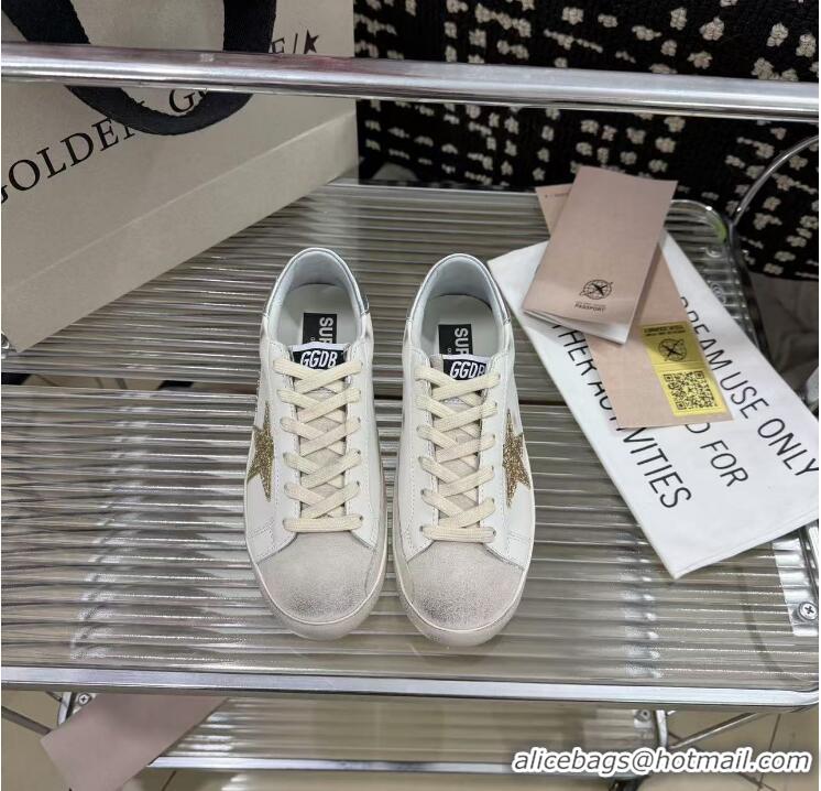 ​Best Grade Golden Goose Super-Star Sneakers in White Leather with Gold Glitter Star and Tab 530015