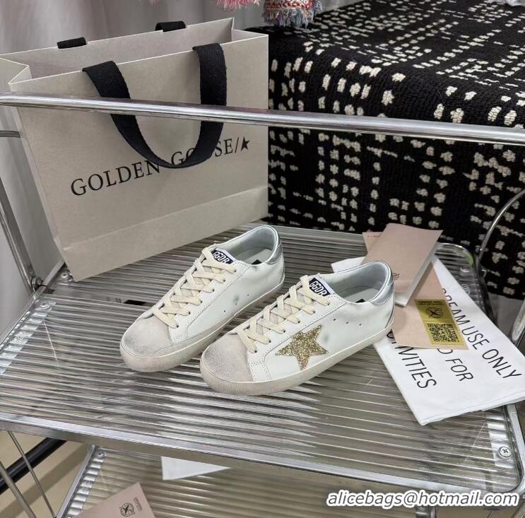 ​Best Grade Golden Goose Super-Star Sneakers in White Leather with Gold Glitter Star and Tab 530015