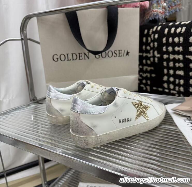 ​Best Grade Golden Goose Super-Star Sneakers in White Leather with Gold Glitter Star and Tab 530015