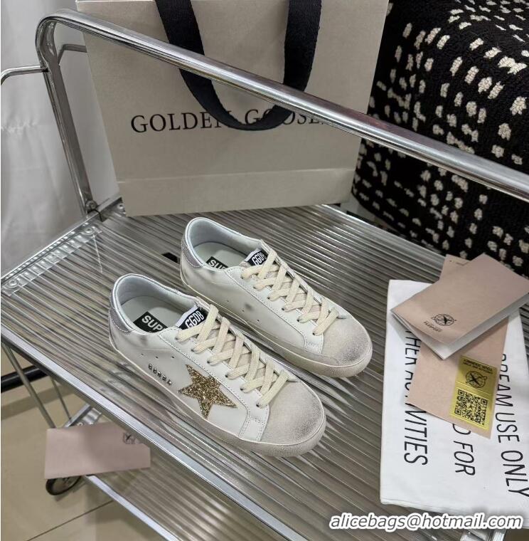 ​Best Grade Golden Goose Super-Star Sneakers in White Leather with Gold Glitter Star and Tab 530015