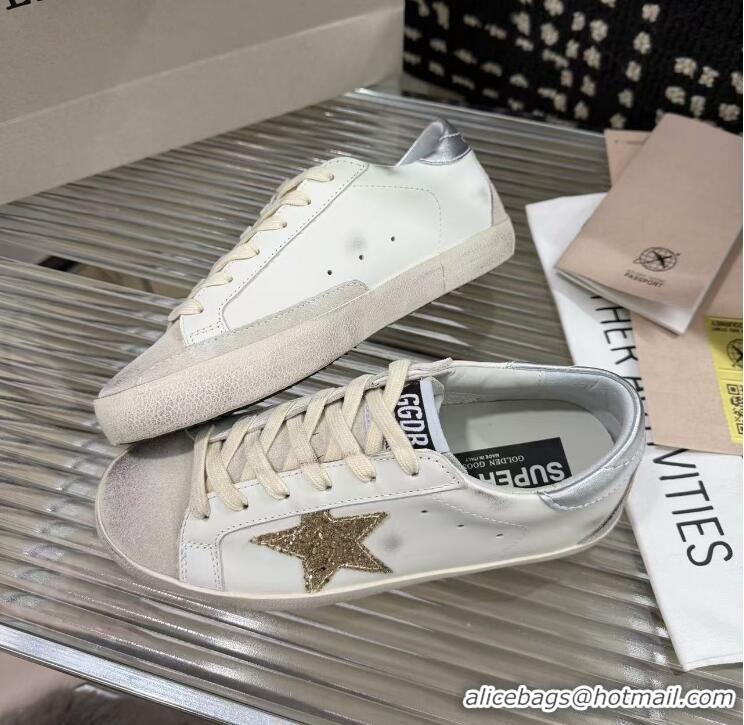 ​Best Grade Golden Goose Super-Star Sneakers in White Leather with Gold Glitter Star and Tab 530015