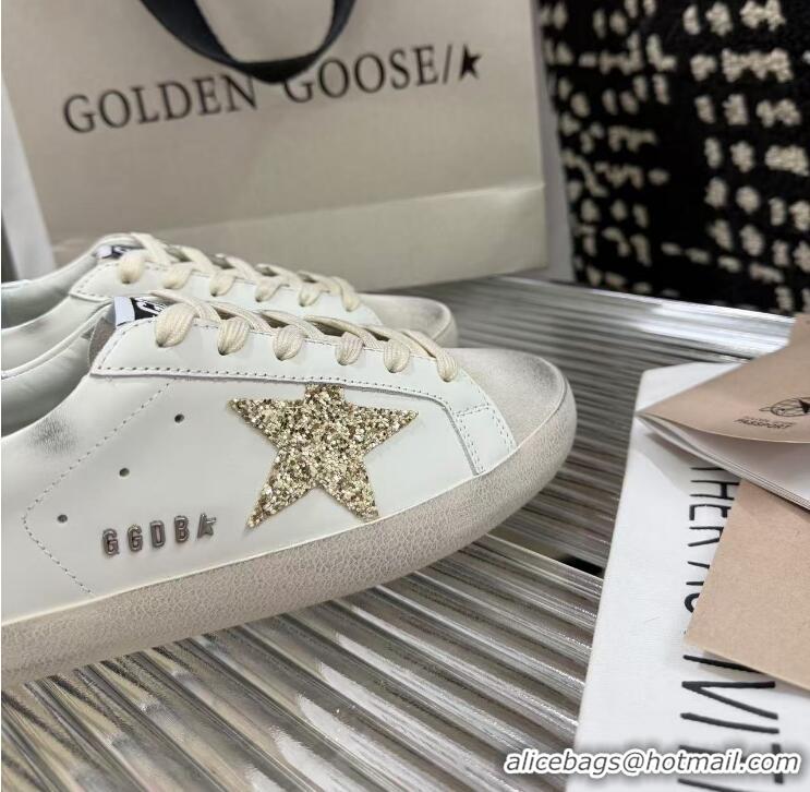 ​Best Grade Golden Goose Super-Star Sneakers in White Leather with Gold Glitter Star and Tab 530015