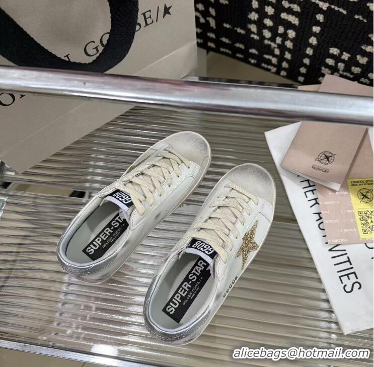 ​Best Grade Golden Goose Super-Star Sneakers in White Leather with Gold Glitter Star and Tab 530015