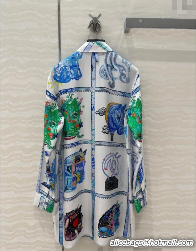 Market Sells Hermes Chevaloscope Silk Long Shirt 1009 White/Blue 2025