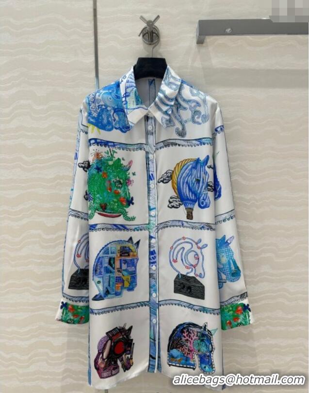 Market Sells Hermes Chevaloscope Silk Long Shirt 1009 White/Blue 2025