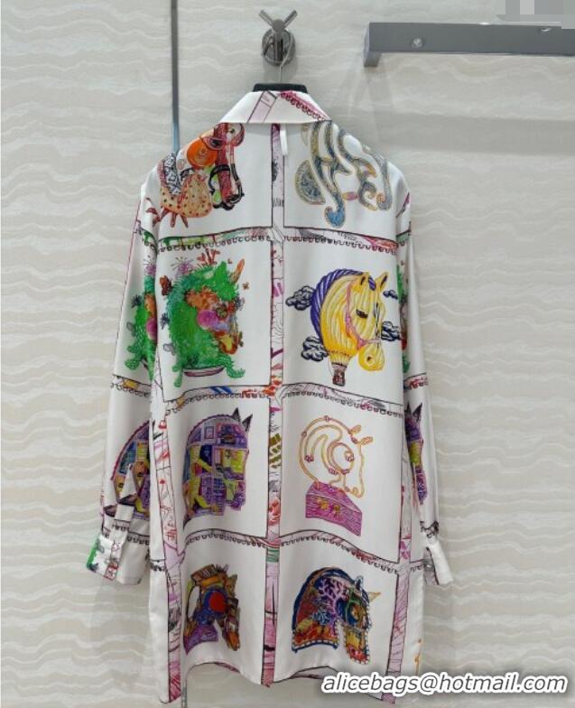 Well Crafted Hermes Chevaloscope Silk Long Shirt 1009 White/Purple 2025