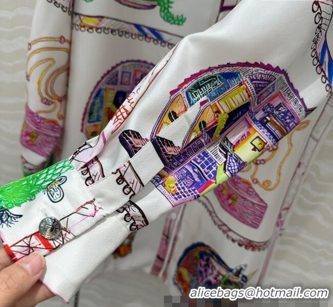 Well Crafted Hermes Chevaloscope Silk Long Shirt 1009 White/Purple 2025