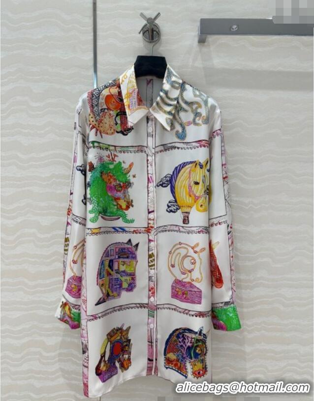 Well Crafted Hermes Chevaloscope Silk Long Shirt 1009 White/Purple 2025