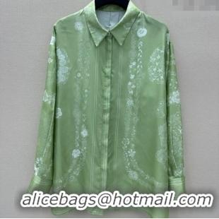 Luxury Classic Hermes Brides de Gala en Fleurs Silk Shirt 11017 Green 2025