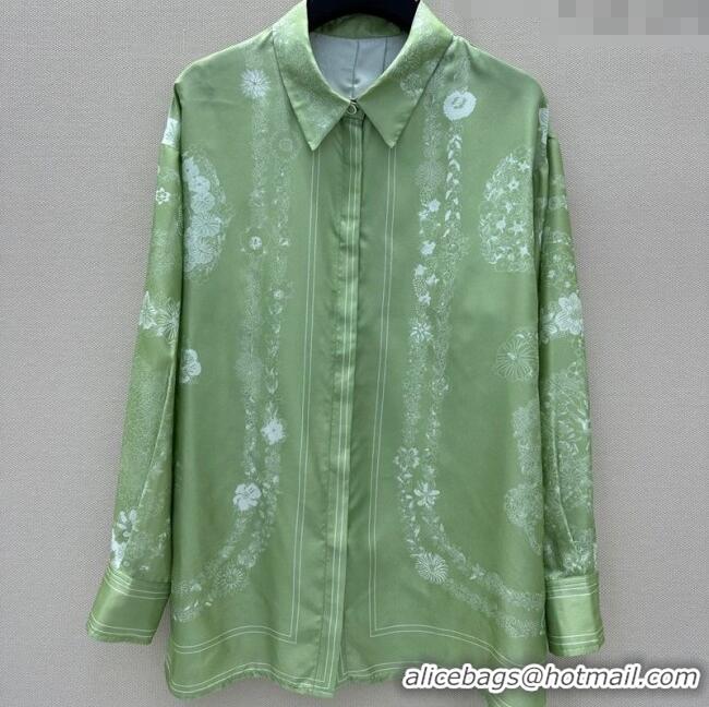 Luxury Classic Hermes Brides de Gala en Fleurs Silk Shirt 11017 Green 2025
