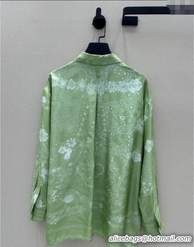 Luxury Classic Hermes Brides de Gala en Fleurs Silk Shirt 11017 Green 2025