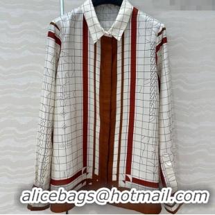 New Stylish Hermes Coaching Deja Vu Silk Shirt 30047 White/Orange 2025