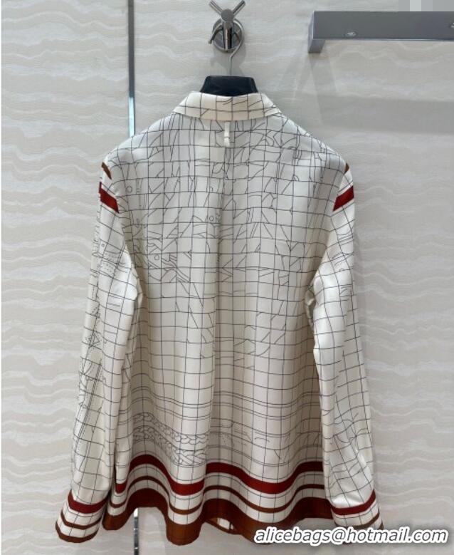 New Stylish Hermes Coaching Deja Vu Silk Shirt 30047 White/Orange 2025