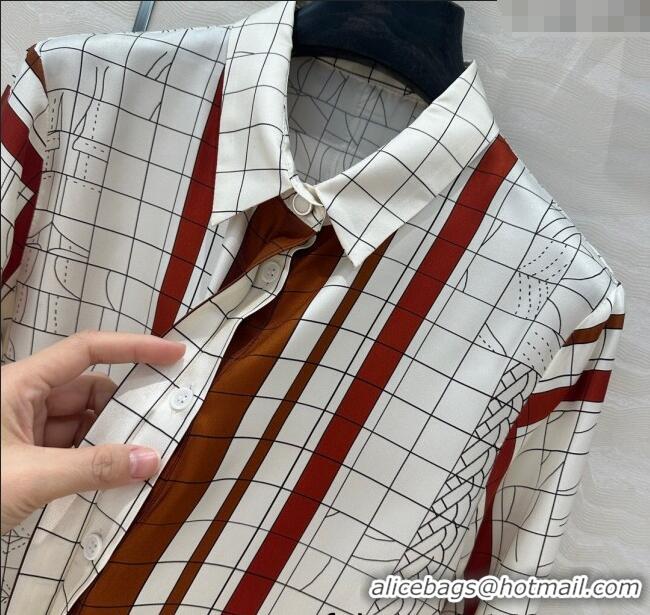 New Stylish Hermes Coaching Deja Vu Silk Shirt 30047 White/Orange 2025