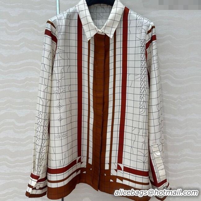 New Stylish Hermes Coaching Deja Vu Silk Shirt 30047 White/Orange 2025