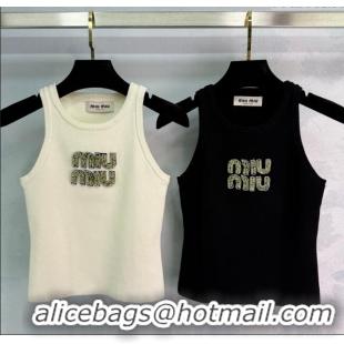 Promotional Miu Miu Cotton Vest with Green Beads Logo 0116 White/Black 2025