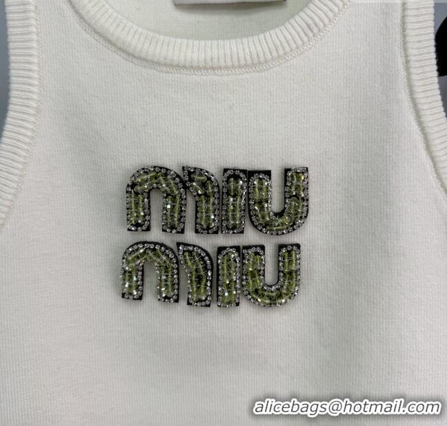 Promotional Miu Miu Cotton Vest with Green Beads Logo 0116 White/Black 2025