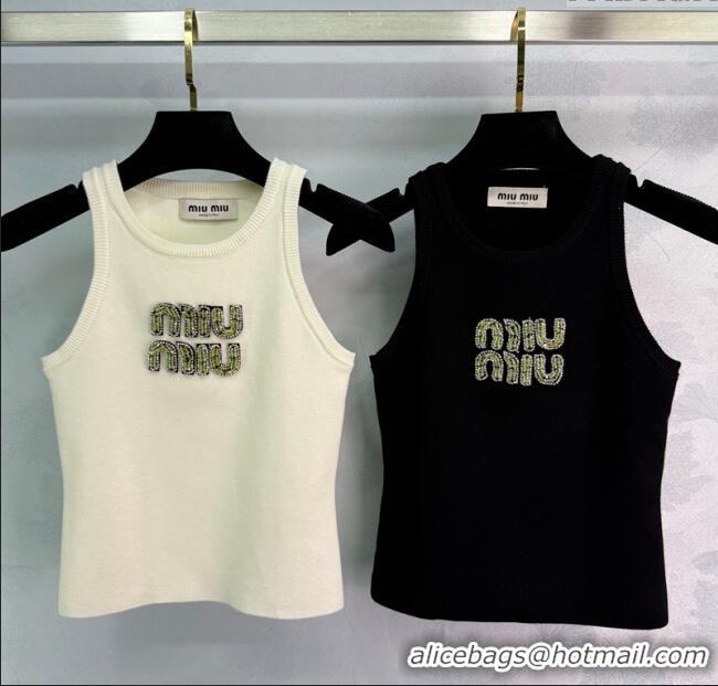 Promotional Miu Miu Cotton Vest with Green Beads Logo 0116 White/Black 2025