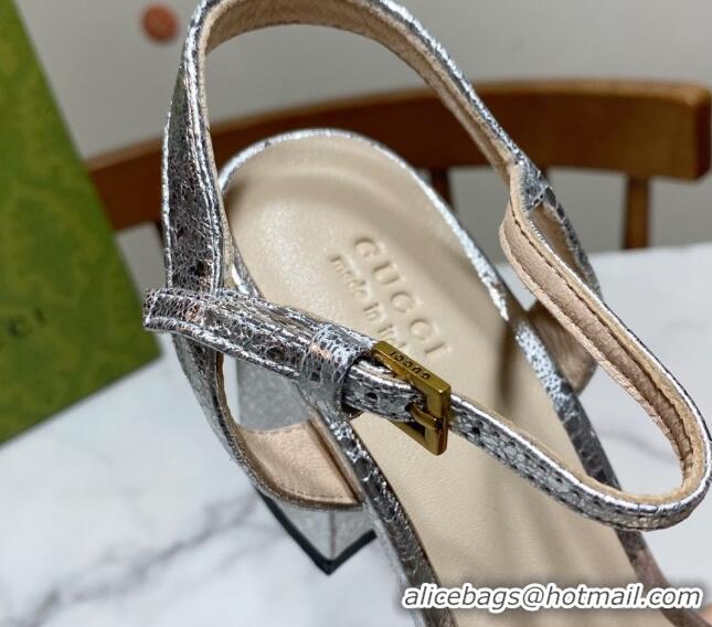 Expensive Gucci Leather Wave Heel Sandals 7cm Silver 2025 GG042304