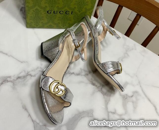 Expensive Gucci Leather Wave Heel Sandals 7cm Silver 2025 GG042304