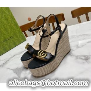 Pretty Style Gucci Wave Leather Platform Espadrille Sandals 12cm Black 2025 GG042304