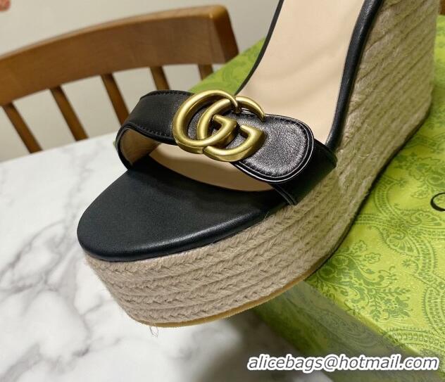 Pretty Style Gucci Wave Leather Platform Espadrille Sandals 12cm Black 2025 GG042304