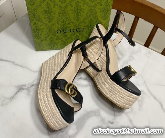 Pretty Style Gucci Wave Leather Platform Espadrille Sandals 12cm Black 2025 GG042304