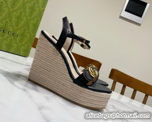 Pretty Style Gucci Wave Leather Platform Espadrille Sandals 12cm Black 2025 GG042304