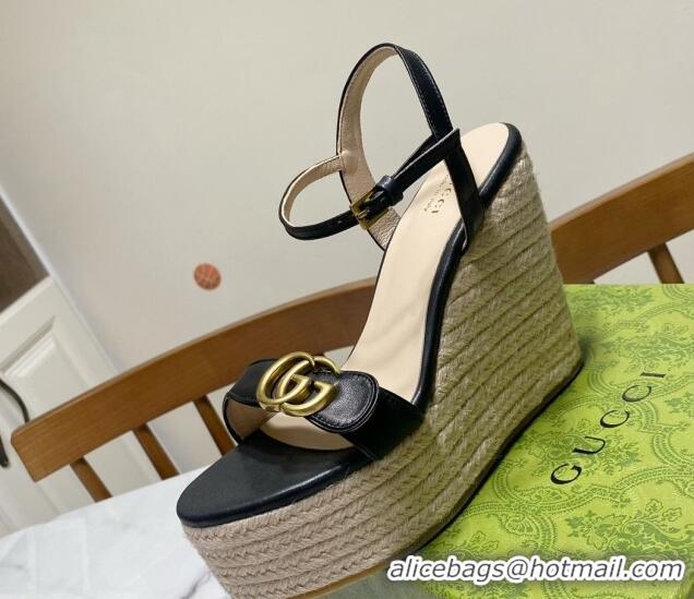 Pretty Style Gucci Wave Leather Platform Espadrille Sandals 12cm Black 2025 GG042304