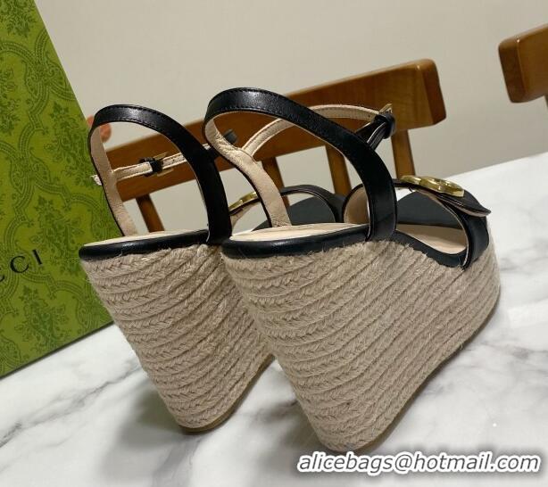 Pretty Style Gucci Wave Leather Platform Espadrille Sandals 12cm Black 2025 GG042304