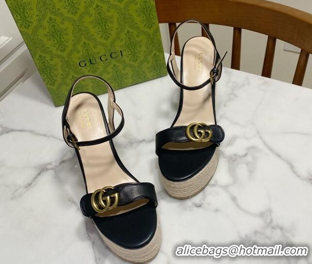 Pretty Style Gucci Wave Leather Platform Espadrille Sandals 12cm Black 2025 GG042304