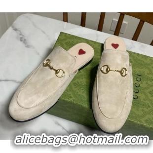Luxurious Gucci Princetown Suede Flat Slippers Pale Grey 2025 557730