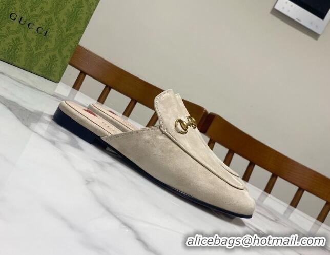 Luxurious Gucci Princetown Suede Flat Slippers Pale Grey 2025 557730