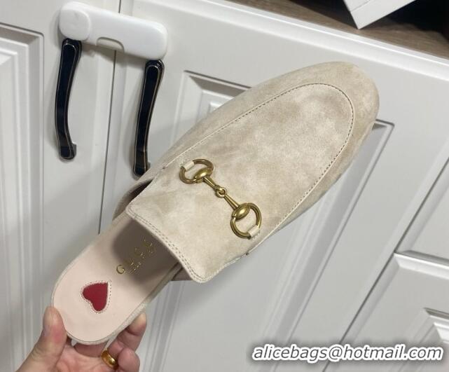 Luxurious Gucci Princetown Suede Flat Slippers Pale Grey 2025 557730