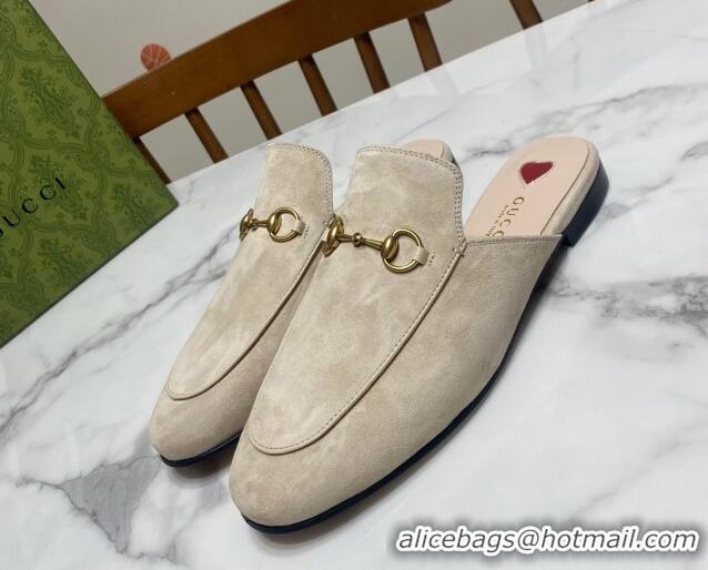 Luxurious Gucci Princetown Suede Flat Slippers Pale Grey 2025 557730