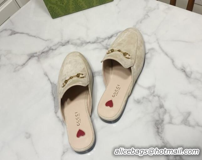 Luxurious Gucci Princetown Suede Flat Slippers Pale Grey 2025 557730