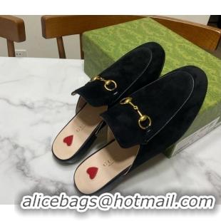 Feminine Gucci Princetown Suede Flat Slippers Black 2025 557730