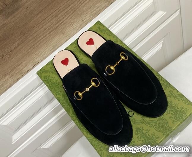 Feminine Gucci Princetown Suede Flat Slippers Black 2025 557730