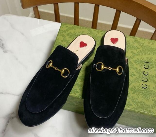Feminine Gucci Princetown Suede Flat Slippers Black 2025 557730